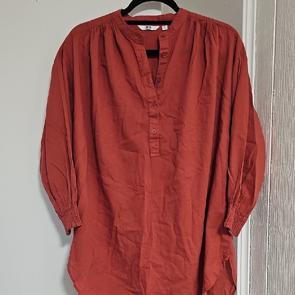 Uniqlo Lightweight Long Casual 100% Cotton Blouse Rust Orange XS